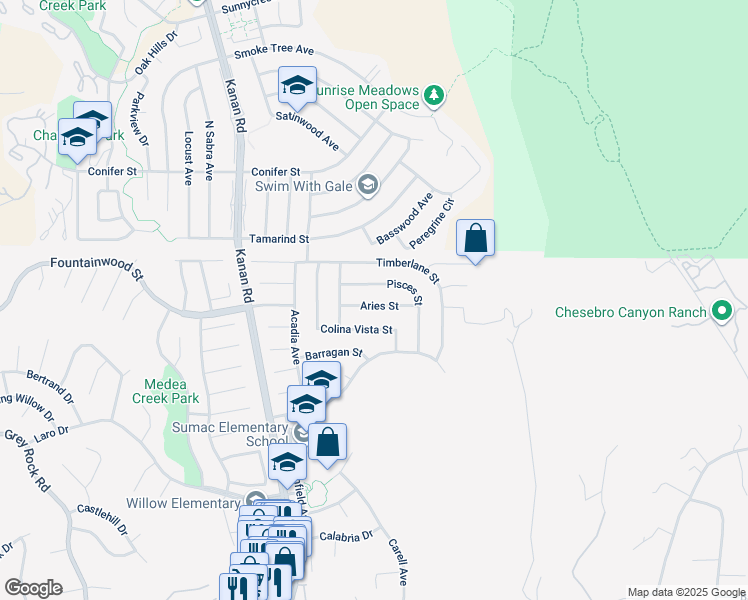 map of restaurants, bars, coffee shops, grocery stores, and more near 28741 Aries Street in Agoura Hills