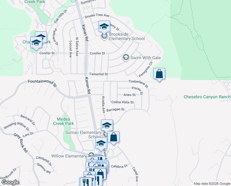 map of restaurants, bars, coffee shops, grocery stores, and more near 6348 Aquarius Avenue in Agoura Hills
