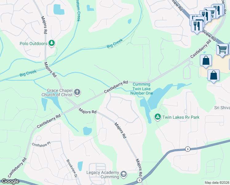 map of restaurants, bars, coffee shops, grocery stores, and more near 6010 Ravine Forest Drive in Cumming
