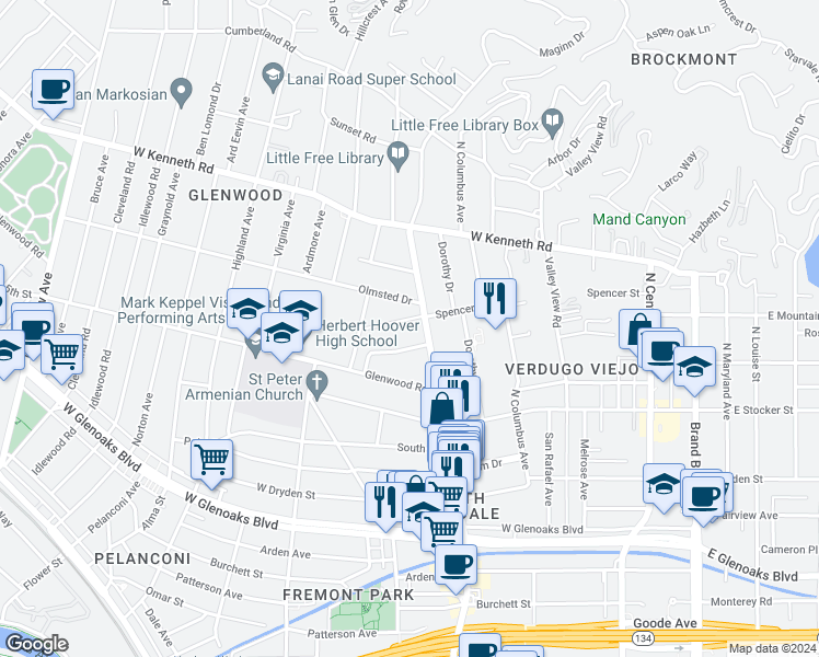 map of restaurants, bars, coffee shops, grocery stores, and more near 512 Spencer Street in Glendale