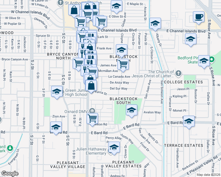 map of restaurants, bars, coffee shops, grocery stores, and more near 320 De Anza Way in Oxnard