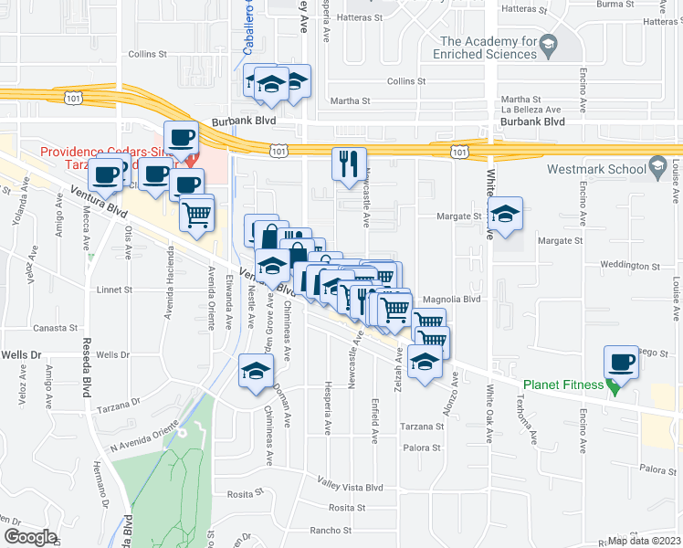map of restaurants, bars, coffee shops, grocery stores, and more near 5257 Newcastle Avenue in Los Angeles