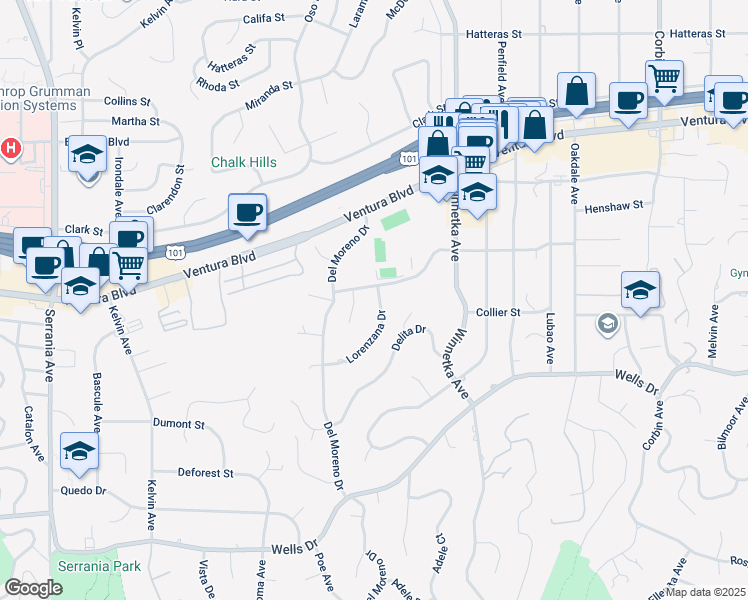 map of restaurants, bars, coffee shops, grocery stores, and more near 20215 Lorenzana Drive in Los Angeles
