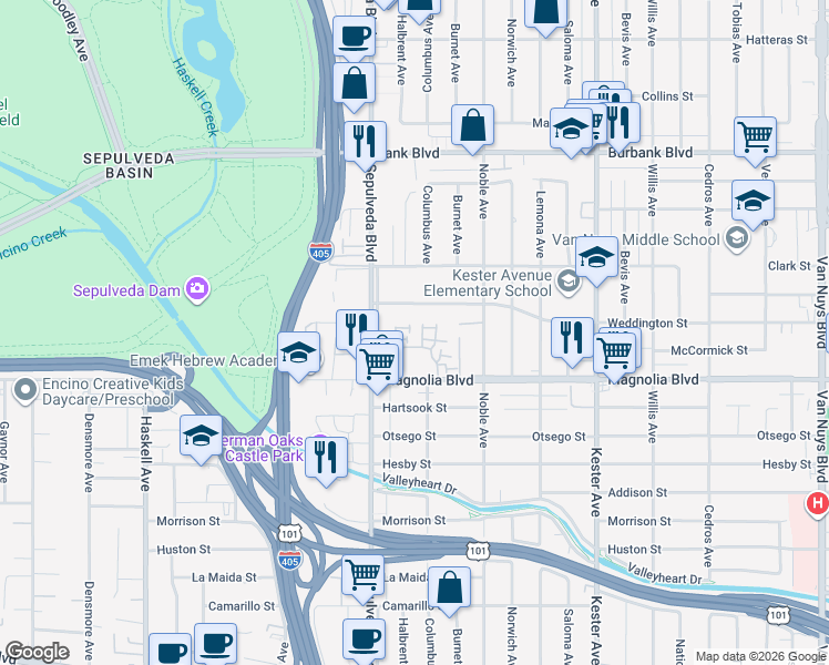 map of restaurants, bars, coffee shops, grocery stores, and more near 15173 Magnolia Boulevard in Los Angeles