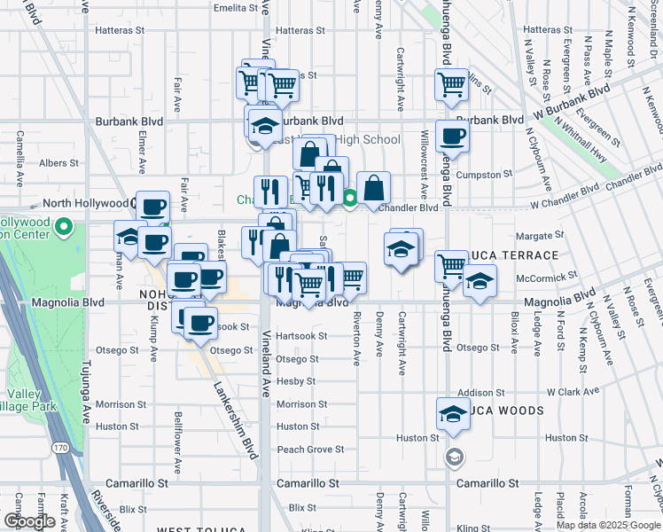 map of restaurants, bars, coffee shops, grocery stores, and more near 5248 Satsuma Avenue in Los Angeles