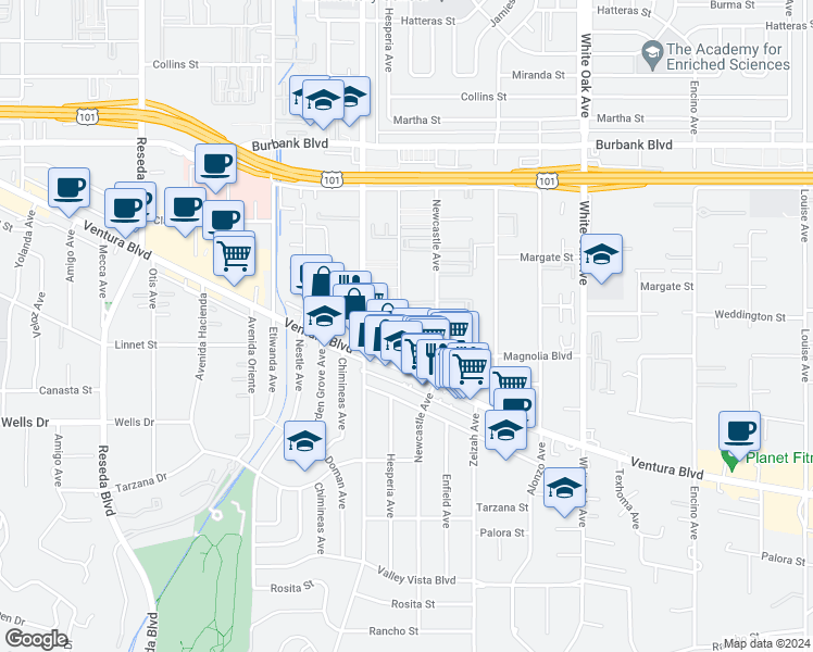 map of restaurants, bars, coffee shops, grocery stores, and more near 5301 Newcastle Avenue in Los Angeles