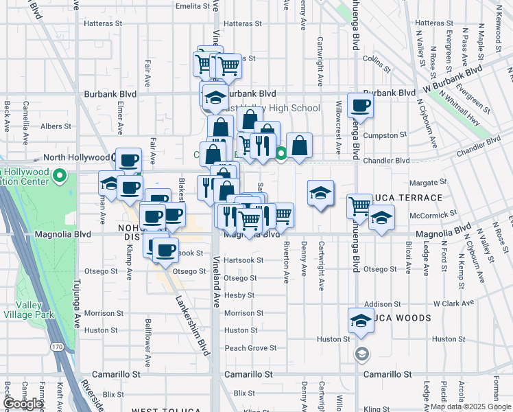 map of restaurants, bars, coffee shops, grocery stores, and more near 5249 Satsuma Avenue in Los Angeles