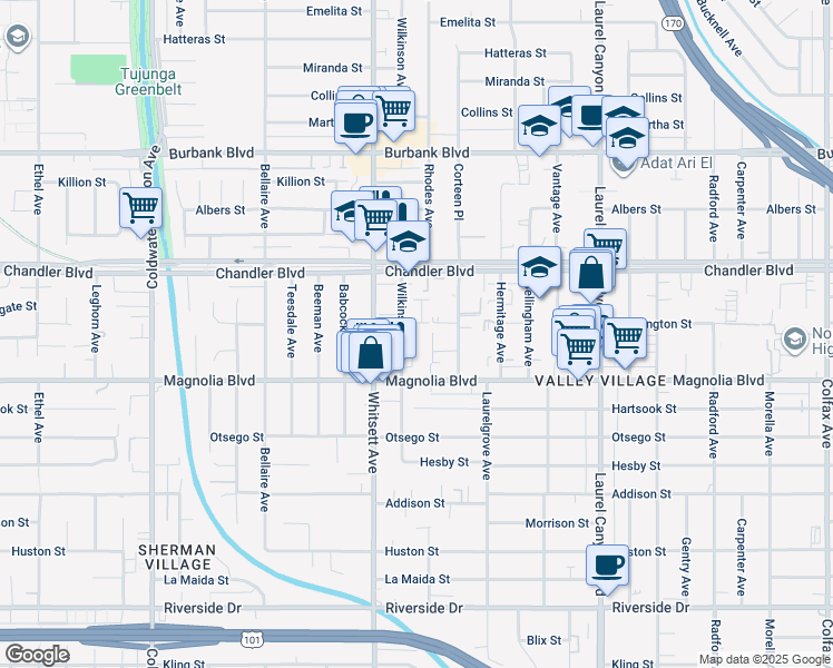 map of restaurants, bars, coffee shops, grocery stores, and more near 12416 Weddington Street in Los Angeles