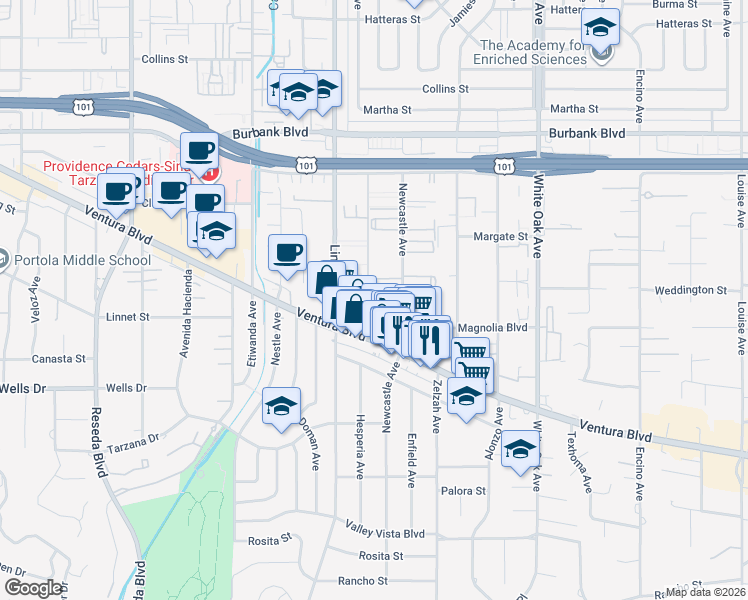 map of restaurants, bars, coffee shops, grocery stores, and more near 5263 Newcastle Avenue in Los Angeles