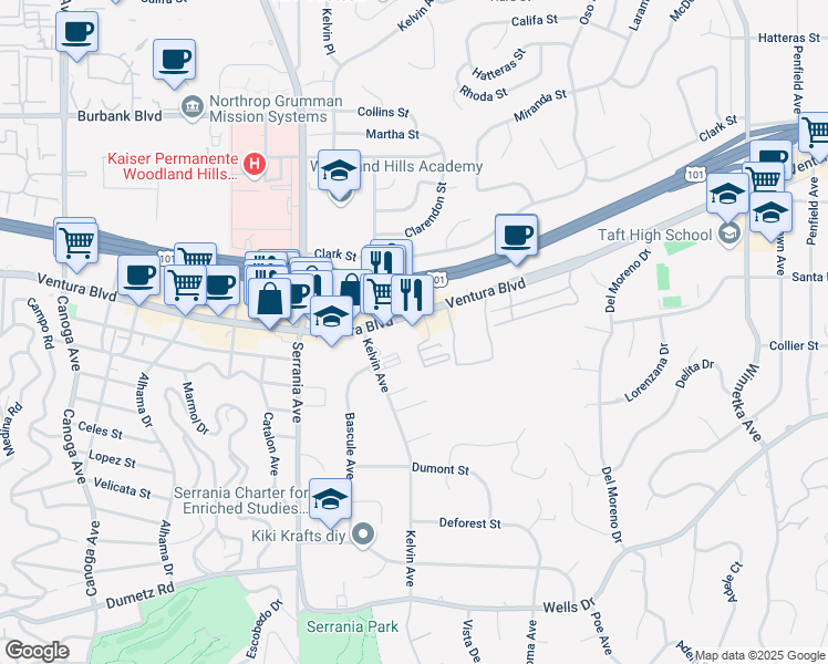 map of restaurants, bars, coffee shops, grocery stores, and more near 20700 Ventura Boulevard in Los Angeles