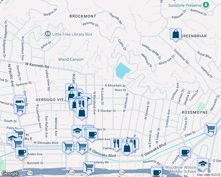 map of restaurants, bars, coffee shops, grocery stores, and more near 1329 Campbell Street in Glendale