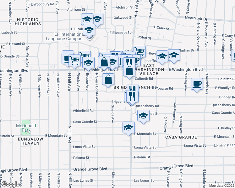 map of restaurants, bars, coffee shops, grocery stores, and more near 1215 North Dominion Avenue in Pasadena