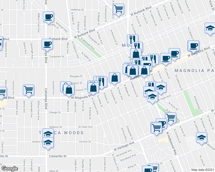 map of restaurants, bars, coffee shops, grocery stores, and more near 1027 Evergreen Street in Burbank