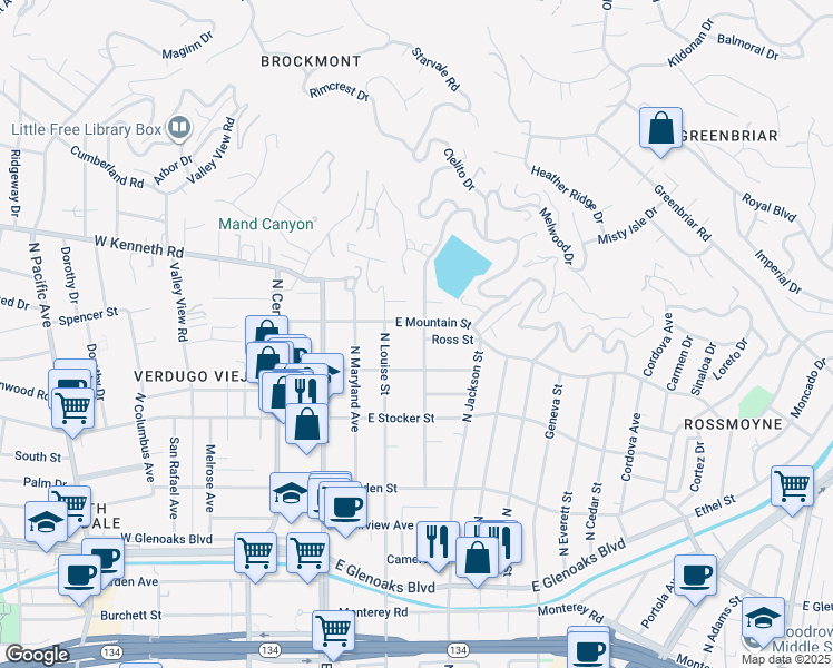 map of restaurants, bars, coffee shops, grocery stores, and more near 1329 Campbell Street in Glendale