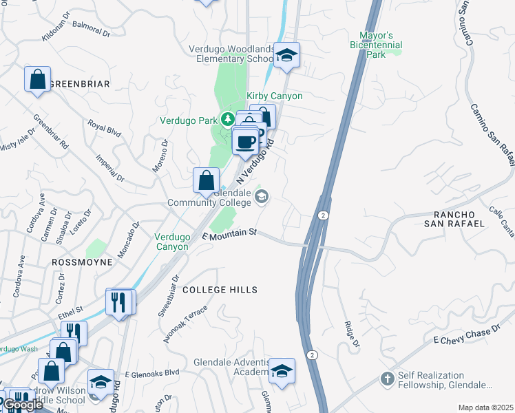map of restaurants, bars, coffee shops, grocery stores, and more near 1500 North Verdugo Road in Glendale