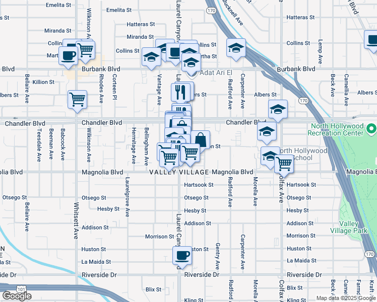 map of restaurants, bars, coffee shops, grocery stores, and more near 5251 Agnes Avenue in Los Angeles