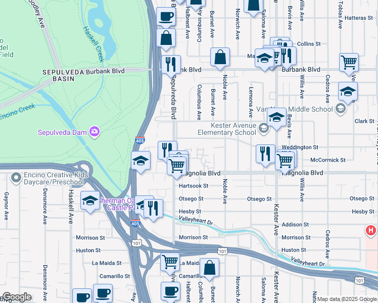 map of restaurants, bars, coffee shops, grocery stores, and more near 15225 Magnolia Boulevard in Los Angeles
