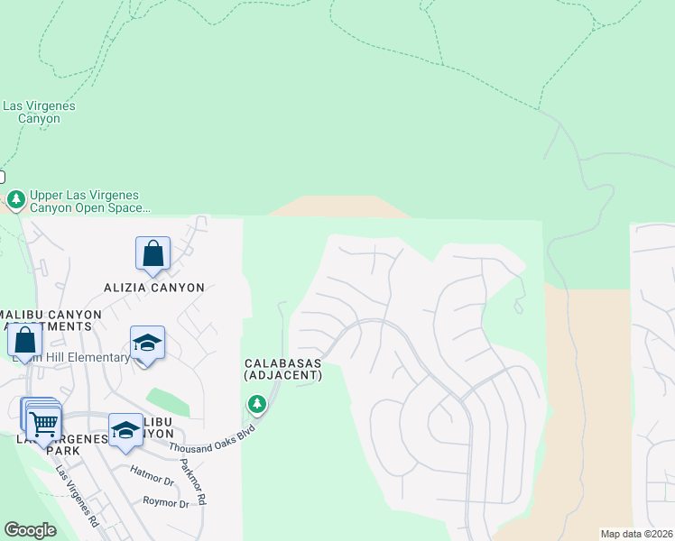 map of restaurants, bars, coffee shops, grocery stores, and more near 25858 Shady Grove Place in Calabasas