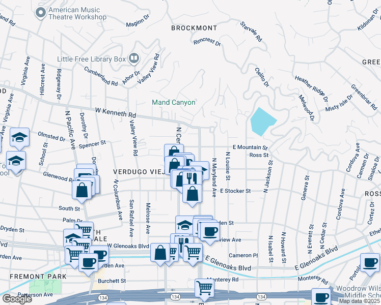 map of restaurants, bars, coffee shops, grocery stores, and more near 116 West Mountain Street in Glendale