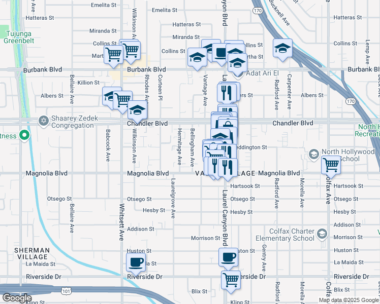 map of restaurants, bars, coffee shops, grocery stores, and more near 5255 Bellingham Avenue in Los Angeles