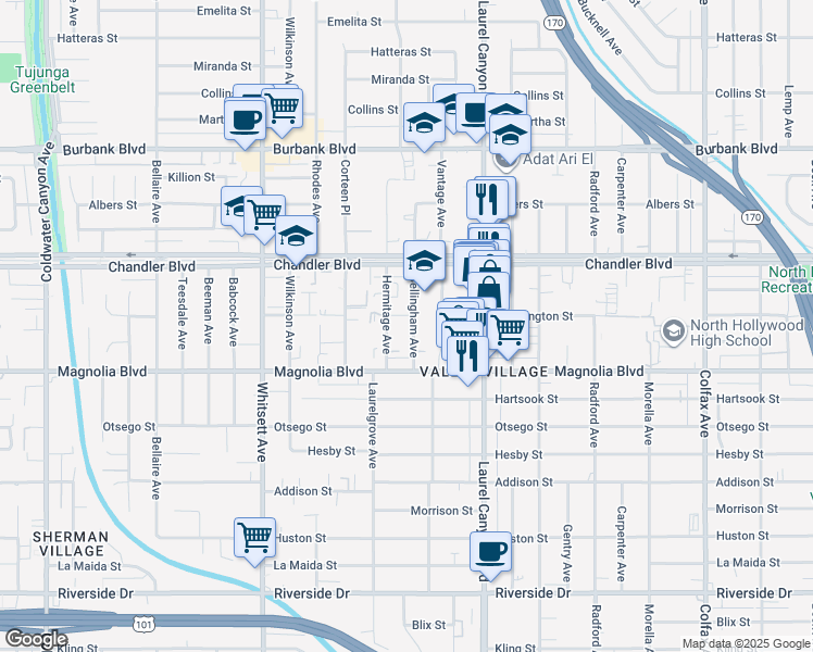 map of restaurants, bars, coffee shops, grocery stores, and more near 5255 Bellingham Avenue in Los Angeles