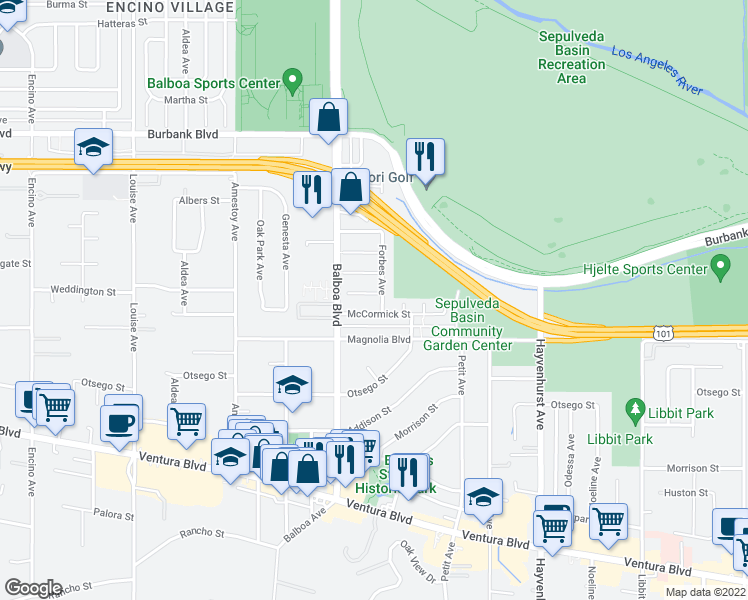 map of restaurants, bars, coffee shops, grocery stores, and more near 16816 Halper Street in Los Angeles