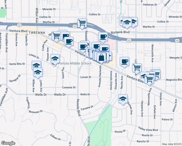 map of restaurants, bars, coffee shops, grocery stores, and more near 5218 Otis Avenue in Los Angeles