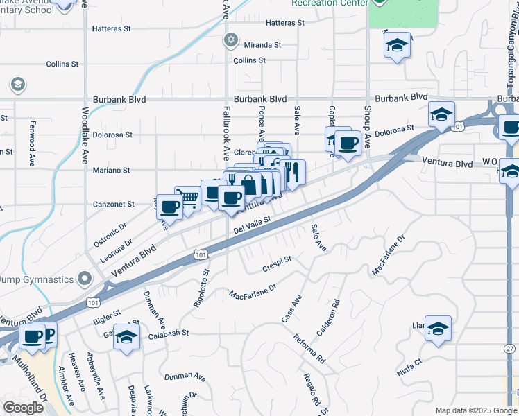 map of restaurants, bars, coffee shops, grocery stores, and more near 22717 Ventura Boulevard in Los Angeles