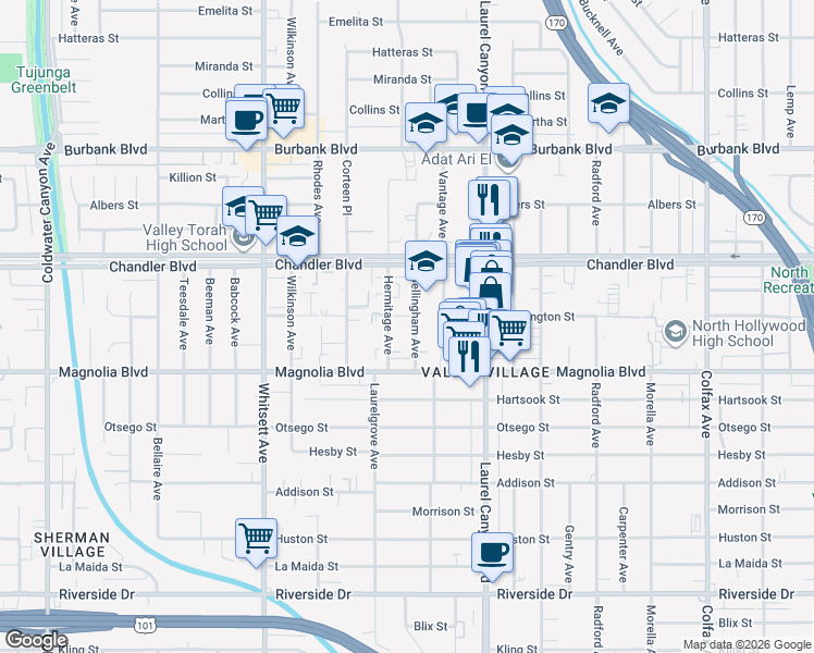 map of restaurants, bars, coffee shops, grocery stores, and more near 5255 Bellingham Avenue in Los Angeles