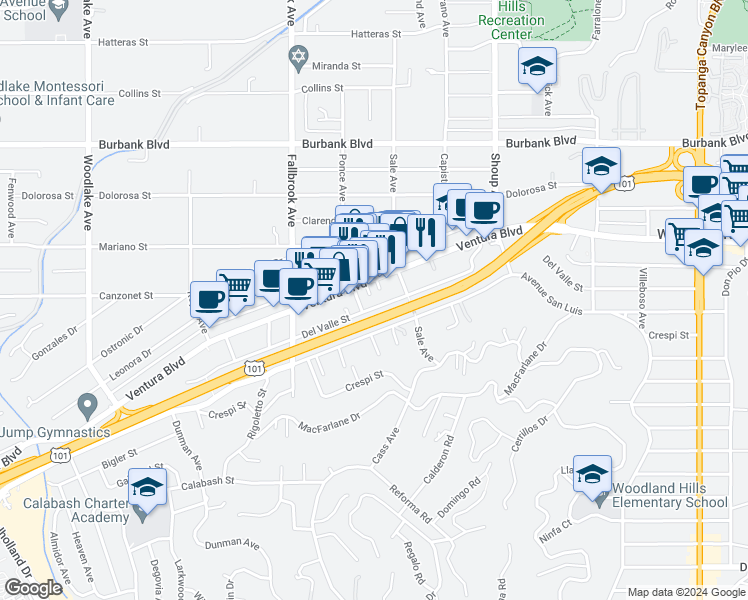 map of restaurants, bars, coffee shops, grocery stores, and more near 22641 Del Valle Street in Los Angeles