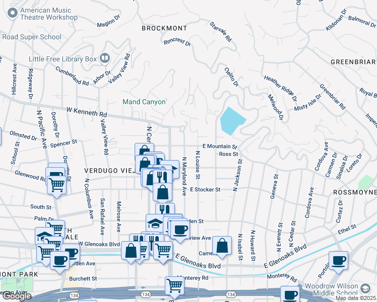 map of restaurants, bars, coffee shops, grocery stores, and more near 131 East Mountain Street in Glendale