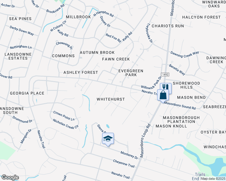 map of restaurants, bars, coffee shops, grocery stores, and more near 4108 Whitehurst Drive in Wilmington