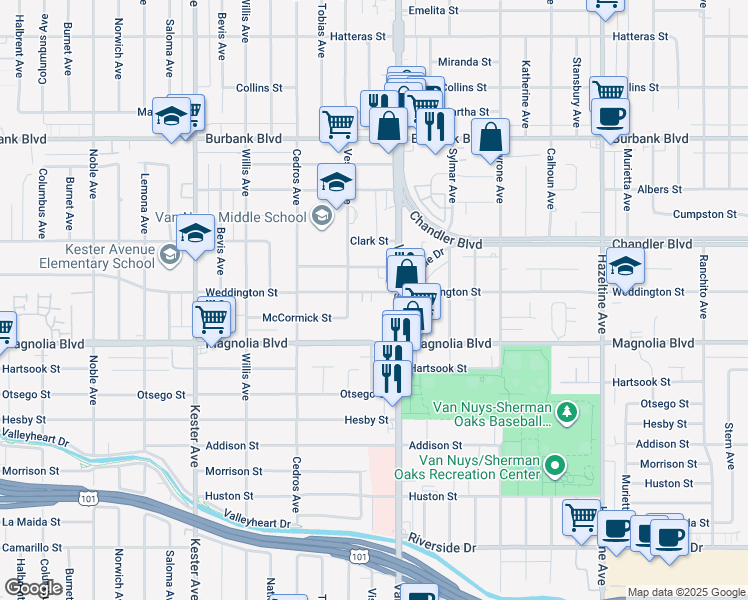 map of restaurants, bars, coffee shops, grocery stores, and more near 14526 Weddington Street in Los Angeles