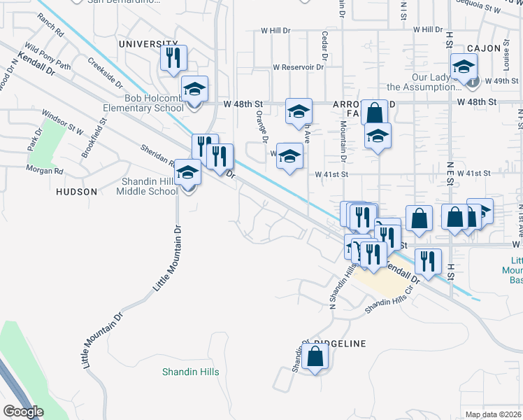 map of restaurants, bars, coffee shops, grocery stores, and more near 1265 Kendall Drive in San Bernardino