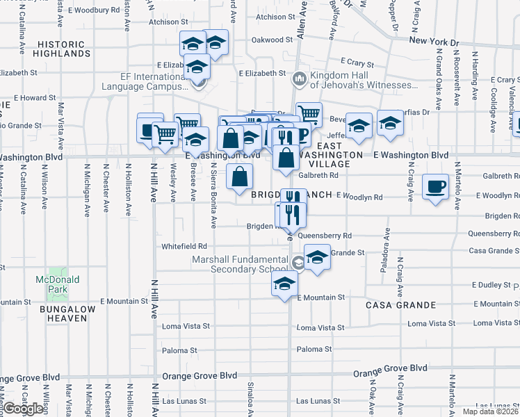 map of restaurants, bars, coffee shops, grocery stores, and more near 1215 North Dominion Avenue in Pasadena
