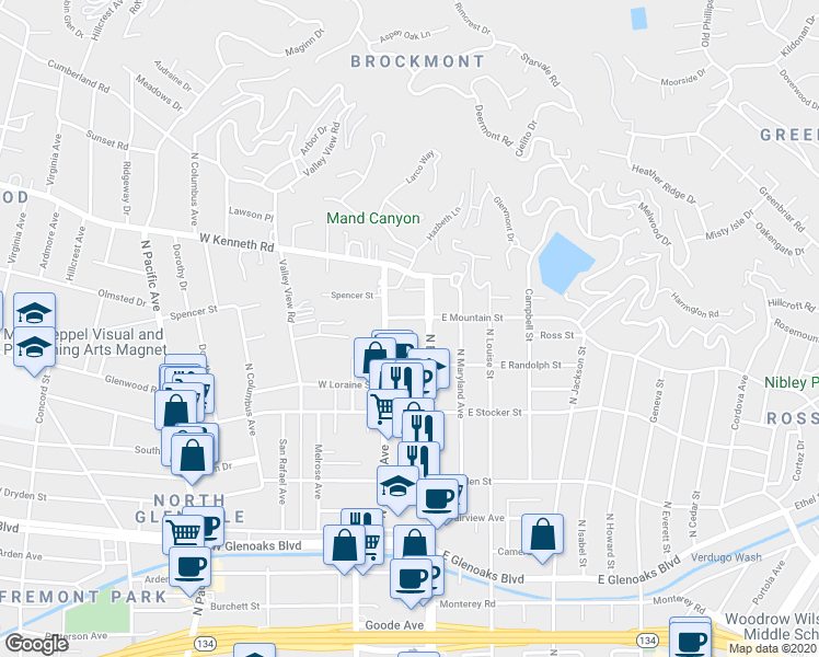 map of restaurants, bars, coffee shops, grocery stores, and more near 107 West Mountain Street in Glendale