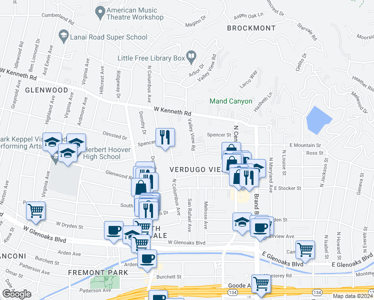 map of restaurants, bars, coffee shops, grocery stores, and more near 326 Spencer Street in Glendale