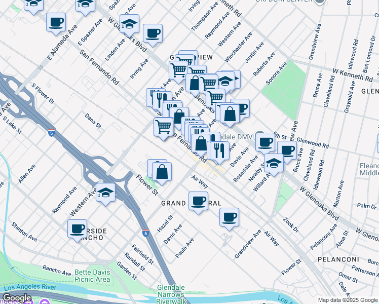 map of restaurants, bars, coffee shops, grocery stores, and more near 6439 San Fernando Road in Glendale