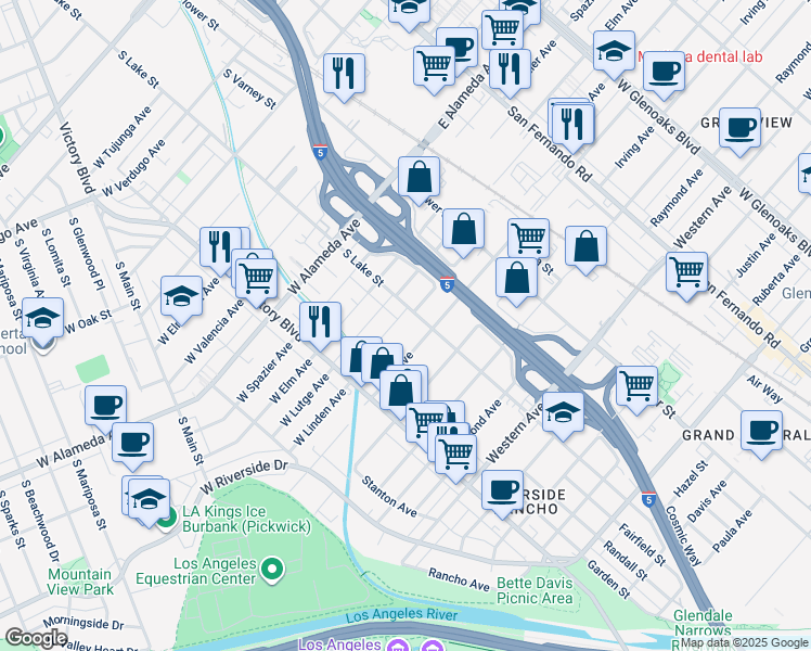 map of restaurants, bars, coffee shops, grocery stores, and more near in Burbank