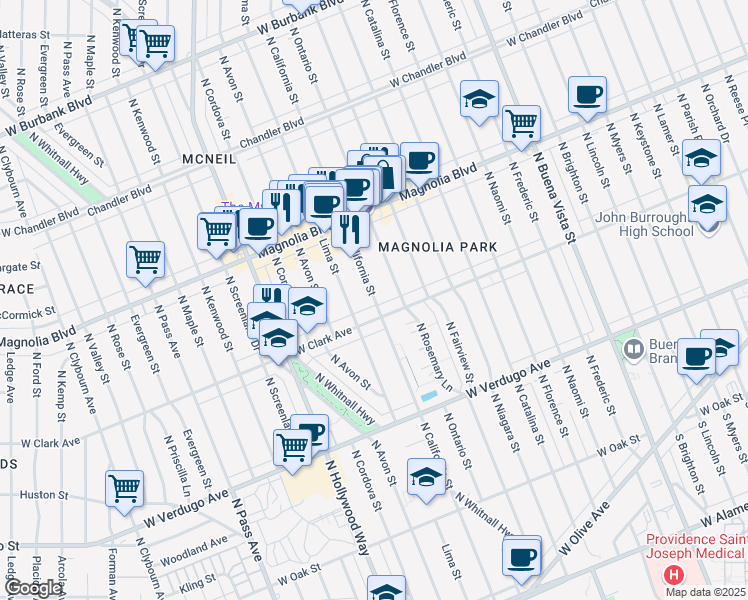 map of restaurants, bars, coffee shops, grocery stores, and more near 729 North Ontario Street in Burbank