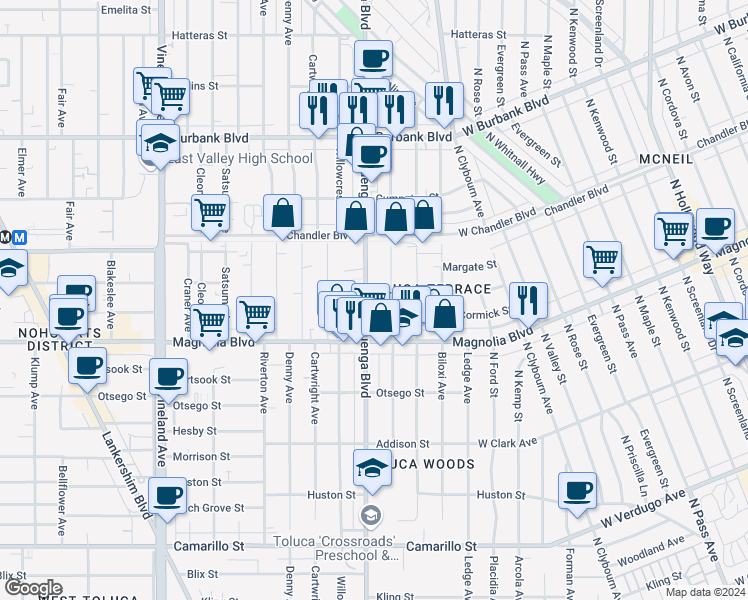 map of restaurants, bars, coffee shops, grocery stores, and more near 5307 Auckland Avenue in Los Angeles