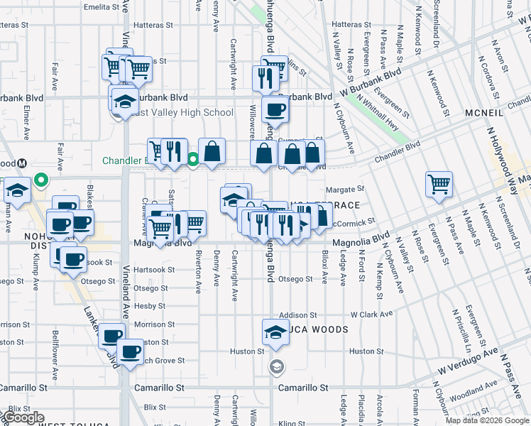 map of restaurants, bars, coffee shops, grocery stores, and more near 5301 Cahuenga Boulevard in Los Angeles