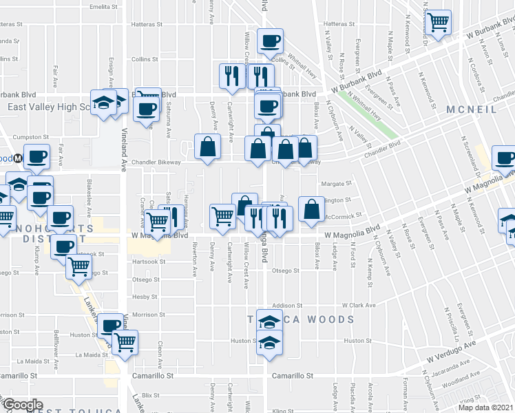 map of restaurants, bars, coffee shops, grocery stores, and more near 5301 Cahuenga Boulevard in Los Angeles