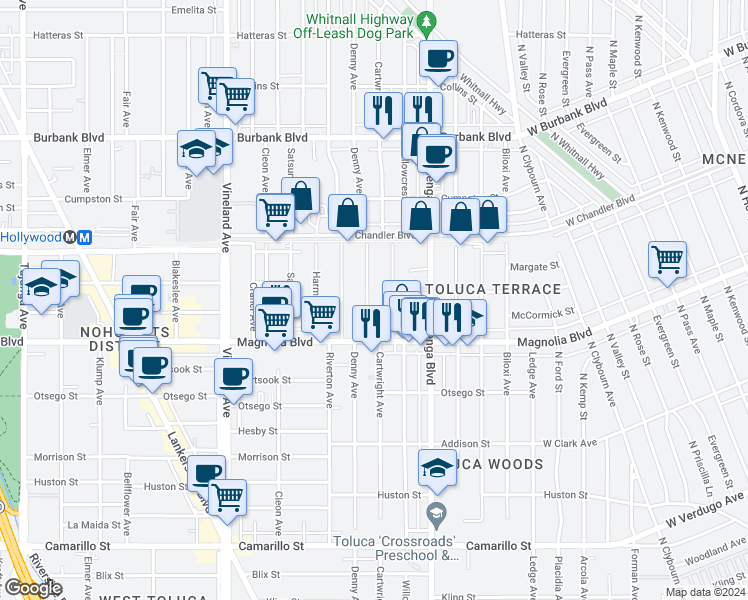 map of restaurants, bars, coffee shops, grocery stores, and more near 5309 Cartwright Avenue in Los Angeles