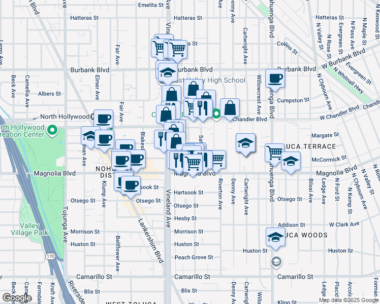 map of restaurants, bars, coffee shops, grocery stores, and more near 10868 Weddington Street in Los Angeles