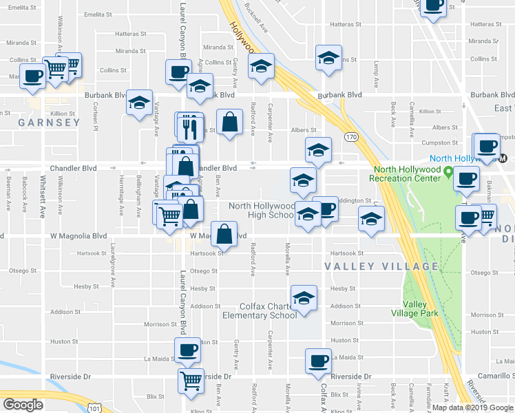 map of restaurants, bars, coffee shops, grocery stores, and more near in Los Angeles