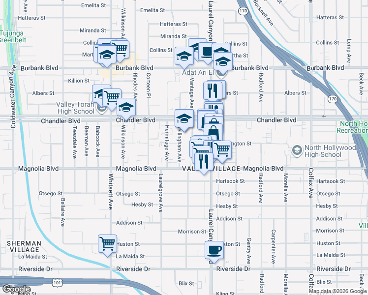 map of restaurants, bars, coffee shops, grocery stores, and more near in Los Angeles