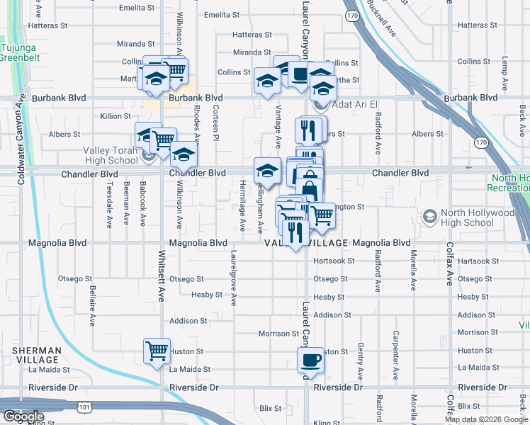 map of restaurants, bars, coffee shops, grocery stores, and more near in Los Angeles