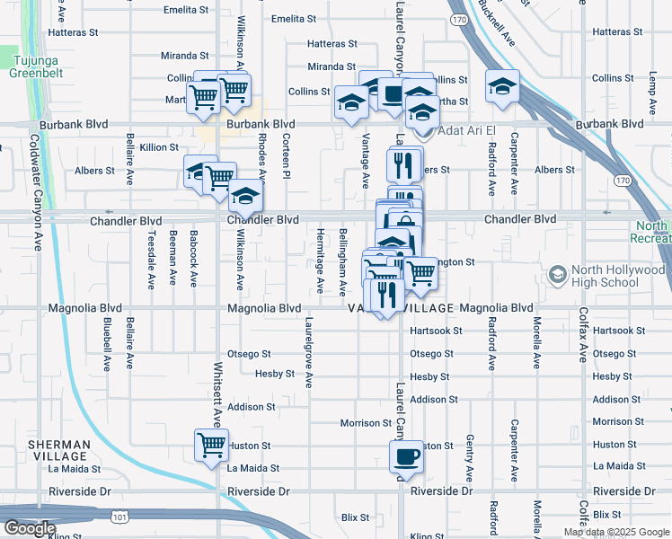 map of restaurants, bars, coffee shops, grocery stores, and more near in Los Angeles