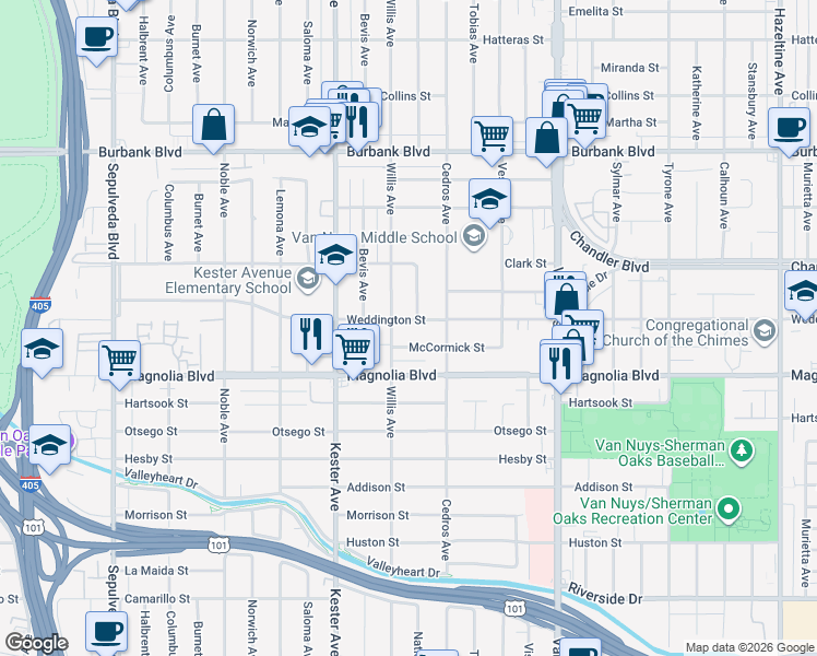map of restaurants, bars, coffee shops, grocery stores, and more near 14751 Weddington Street in Los Angeles